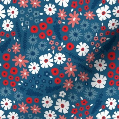 4th of July summer floral on blue - small