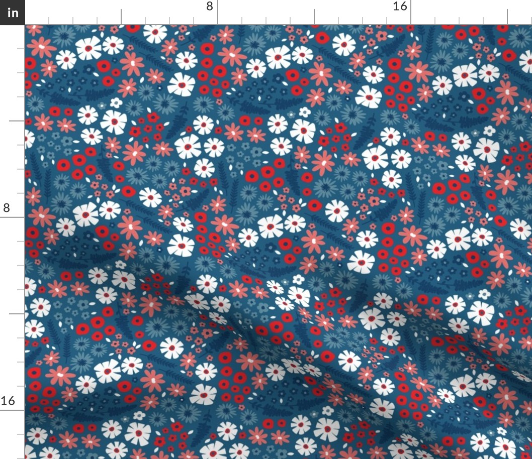 4th of July summer floral on blue - small
