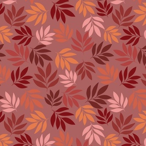 Solid botanical leaves in summer colors on a red/pink background
