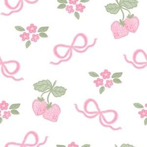 Summer Strawberries with Pink Bows and Pink Flowers, Pink and Green, Preppy Grandmillennial PF048B