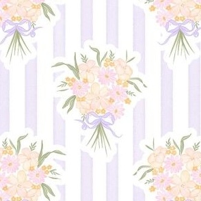 Pink and Peach Floral Bouquet with lilac bow on lilac vertical stripe, watercolor floral posy, tied with a bow PF058C