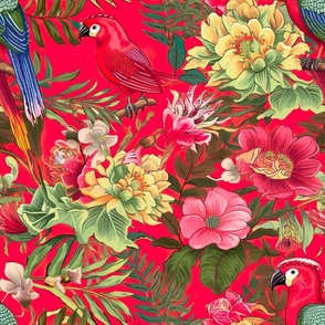 Scarlet Symphony: A Delicate Tapestry of Floral and Avian 