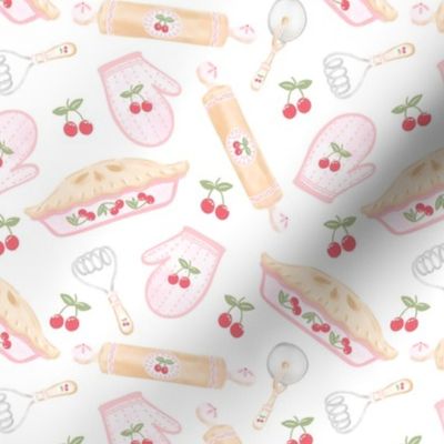 Cosy Cherry Pie Baking, Rolling Pin, Pink and Red, Cosy Baking, Fall Baking, Oven Mitts, Pie Dish PF062