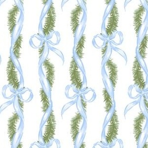 Blue Bow Ribbon Christmas Fir Garland Vertical Stripe, Heirloom Blue Christmas Bows, Swags and Bows, Blue Ribbon Garland, Coastal PF074G