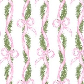 Pink Bow Ribbon Christmas Fir Garland Vertical Stripe, Heirloom Pink Christmas Bows, Swags and Bows, Pink Ribbon Garland PF074H