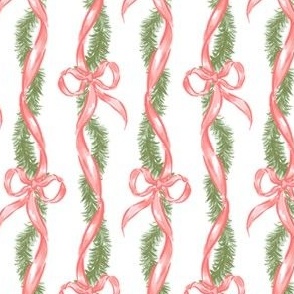 Red Bow Ribbon Christmas Fir Garland Vertical Stripe, Heirloom Christmas Bows, Swags and Bows, Red Ribbon Garland PF074I