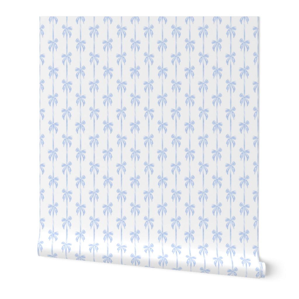 Blue Bow Vertical Stripe Grandmillennial Christmas, Blue and White, Watercolor Heirloom bow print, Preppy Blue Bows PF080E