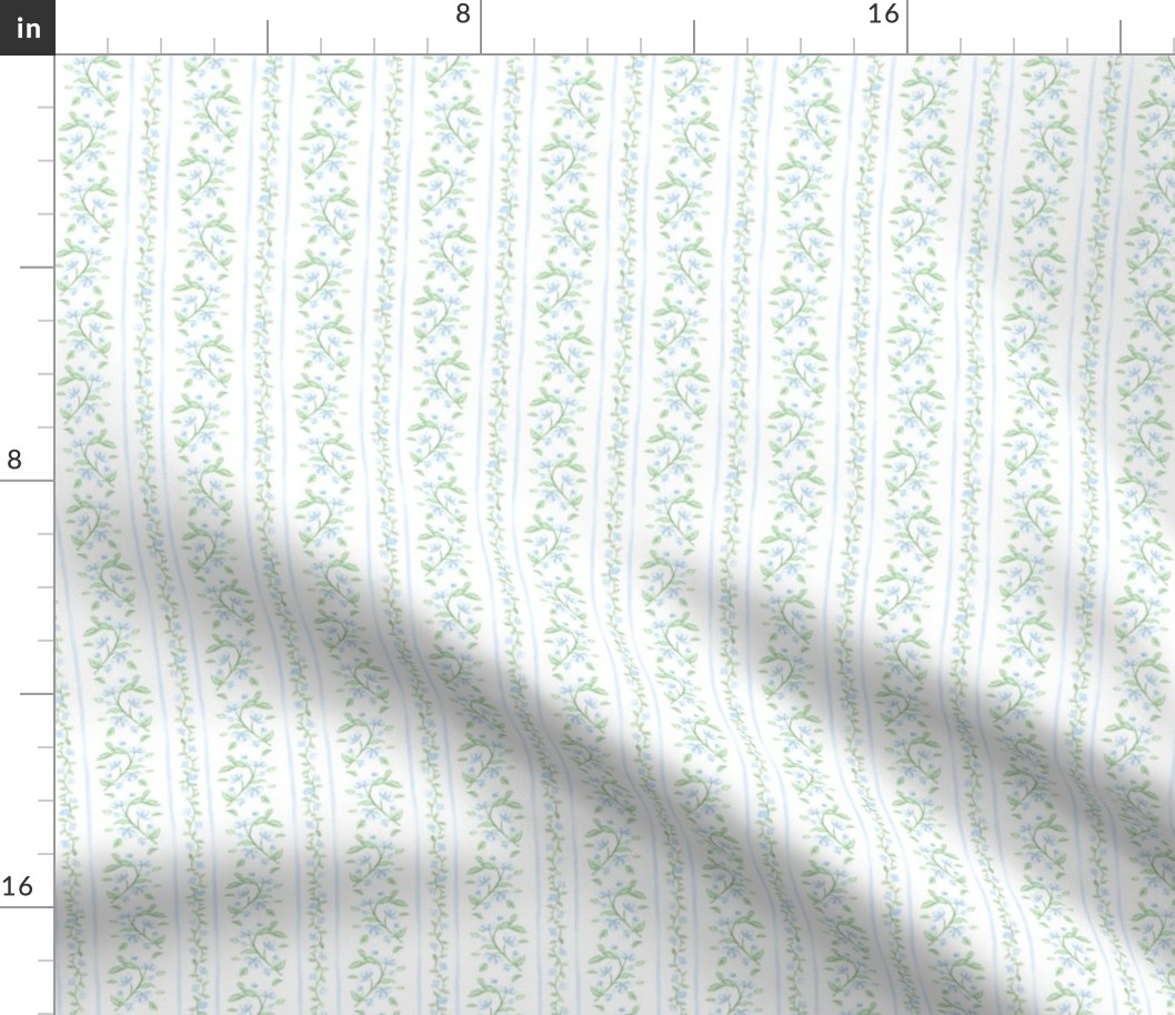 Blue & Green Watercolor Floral stripe, Heirloom Stripe, Preppy, Grandmillennial PF081C