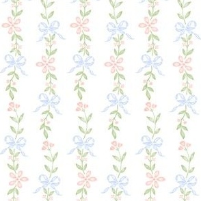 Blue Bow Floral Ditsy Stripe, Spring Bow Preppy Cottage Vertical Stripe PF084B