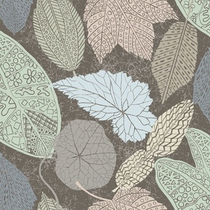 Block-Cut Tossed Leaves (Large) - Neutrals on Muted Dark Brown   (TBS123)