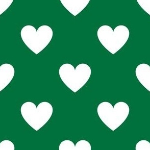 White regular hearts on deep green - large