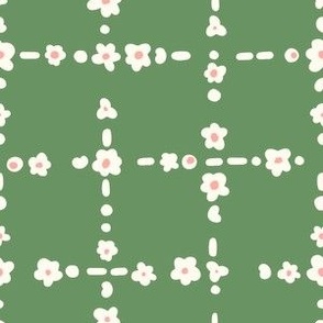 abstract ditsy flower grid - green - cream - pink