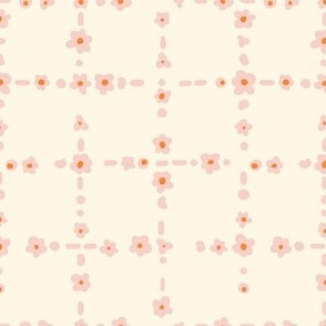 abstract ditsy flower grid- cream and pink