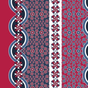 Americana Patriotic Floral Stripe, Red, White, and Blue, 6300, v02—flower, summer, ribbon, vertical, Rick rack, July, Independence Day, party, tablecloth, table linens, sheets, bedding, duvet, 6300, v2