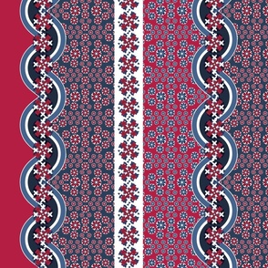 Americana Patriotic Floral Stripe, Red, White, and Blue, 4800, v02—flower, summer, ribbon, vertical, Rick rack, July, Independence Day, party, tablecloth, table linens, sheets, bedding, duvet, 4800, v2
