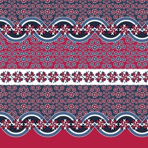 Americana Patriotic Floral Stripe, Red, White, and Blue—flower, summer, ribbon, horizontal, Rick rack, July, Independence Day, party, tablecloth, table linens, sheets, bedding, duvet, 4800, v2