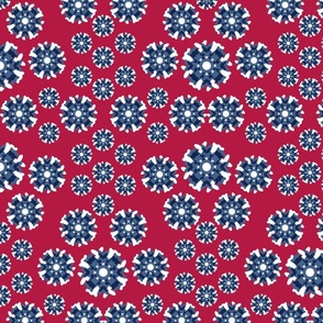 Americana Floral, Red background, 4800, v01–red, white, blue, scarlet, cobalt, kitchen, tablecloth, bedding, sheets, towel, blanket, July 4, independence, patriotic, quilt, summer
