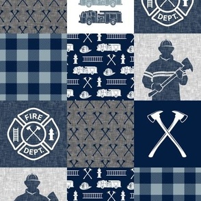 (3" scale) firefighter patchwork - buffalo plaid navy and dusty blue  - fire dept. - C23