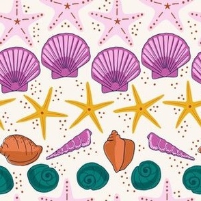 Beachy summer shells and starfish - purple, orange, green, yellow