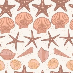 Beachy summer shells and starfish - peach, brown & sand