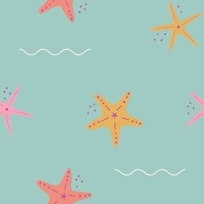 Beachy starfish in the sea - seafoam, blue, pink, orange