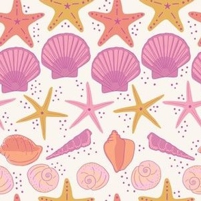 Beachy summer shells and starfish - pink, purple, orange and yellow on cream