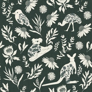 Large Scale // Australiana Flora and Fauna on Dark Emerald Green