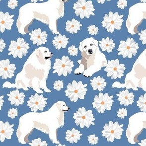 small scale // Great Pyrenees Dog and Daisy flowers white and  blue floral dog fabric