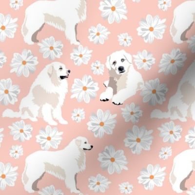 small scale // Great Pyrenees Dog and Daisy flowers white and  pink floral dog fabric