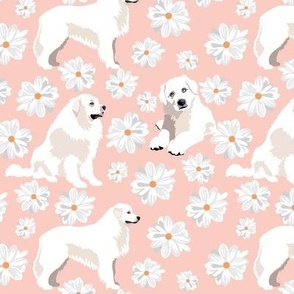 small scale // Great Pyrenees Dog and Daisy flowers white and  pink floral dog fabric