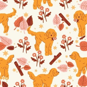 Whimsical Golden Doodle Dog Autumn Leaves Floral | White Pink Yellow