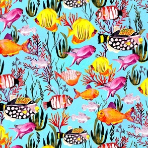 Ocean Delights: Pink,Yellow, Orange, Coral Fish and Seaweed on pool Blue 