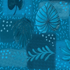 Tropical handdrawn non directional leaves on textured patchwork rectangles 24” repeat blue monochrome hues