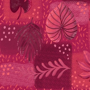 Tropical handdrawn non directional leaves on textured patchwork rectangles 24” repeat red monochrome hues