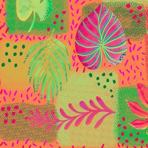 Tropical handdrawn non directional leaves on textured patchwork rectangles 24” repeat, neon effect colours cerise, lime green, orange, green