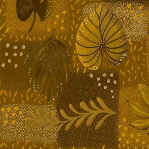Tropical handdrawn non directional leaves on textured patchwork rectangles 24” repeat, earthy golden brown hues 