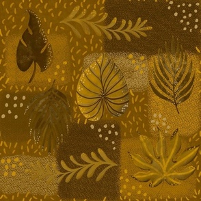 Tropical handdrawn non directional leaves on textured patchwork rectangles 12” repeat, earthy golden brown hues 