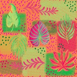 Tropical handdrawn non directional leaves on textured patchwork rectangles 12” repeat, neon effect colours cerise, lime green, orange, green