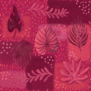 Tropical handdrawn non directional leaves on textured patchwork rectangles 12” repeat red monochrome hues