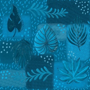 Tropical handdrawn non directional leaves on textured patchwork rectangles 12” repeat night time blue monochrome hues