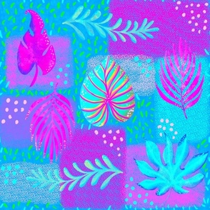 Dopamine Tropical handdrawn non directional leaves on textured patchwork rectangles 12” repeat bright cerise pink and turquoise, pink and lime green