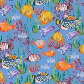 Orange and Yellow Fish Pattern with Dark Purple Background Batik Fabric by  the Yard