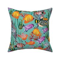 Ocean Nautical Delights: Purple,Y ellow, Orange Coral Fish and Seaweed on Light Green