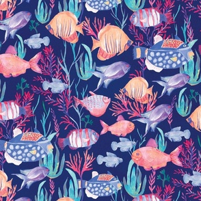 Ocean Delights: Purple, Orange, Coral Fish and red Seaweed on Navy Blue 