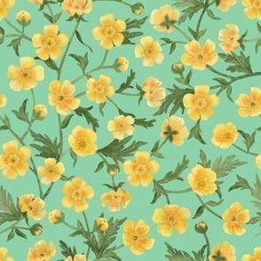  Yellow buttercups trailing floral watercolor pattern on light honeydew green fabric