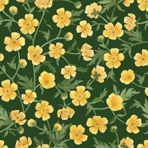  Yellow buttercups trailing floral watercolor pattern on dark emerald green fabric