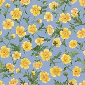  Yellow buttercups trailing floral watercolor pattern on soft summer lavender blue fabric