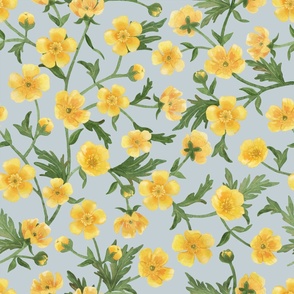  Yellow buttercups trailing floral watercolor pattern on pale lavender blue fabric