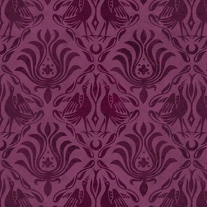 Graceful Love Stylized Crane Ornament Pattern With Velvet Style Texture Burgundy Mauve 