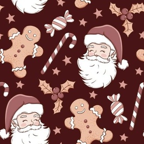 Boho Christmas fabric, Santa, gingerbread man WB23 large dark mauve